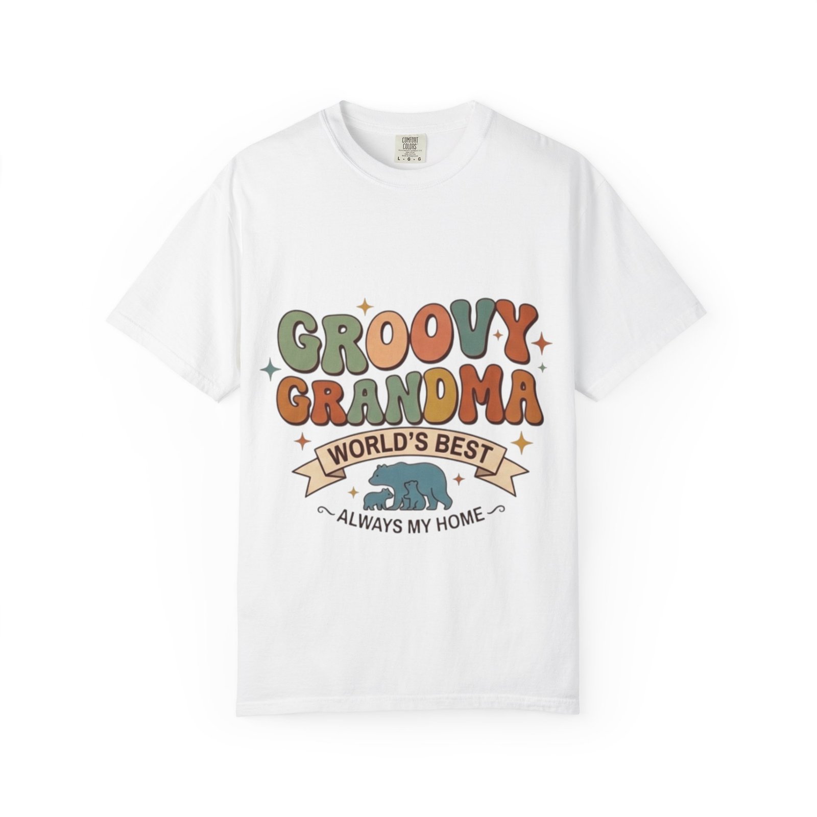Groovy Grandma graphic T-shirt | Retro hippie typography, bear illustration